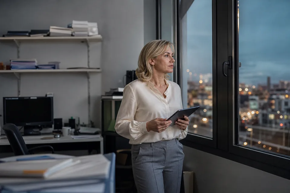 Dyrektorka finansowa z tabletem przy oknie biura