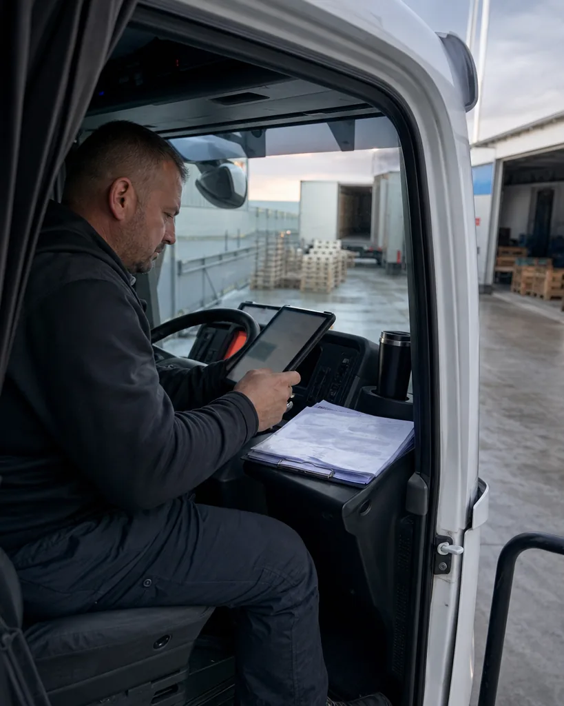 Właściciel małej firmy transportowej w kabinie ciągnika przegląda zlecenie przewozu na tablecie przed załadunkiem